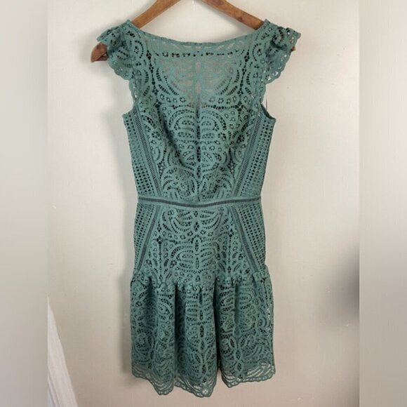Reiss Herrera Cap Sleeve Lace Dress green fit and flare knee length ruffle 0 - Picture 4 of 16